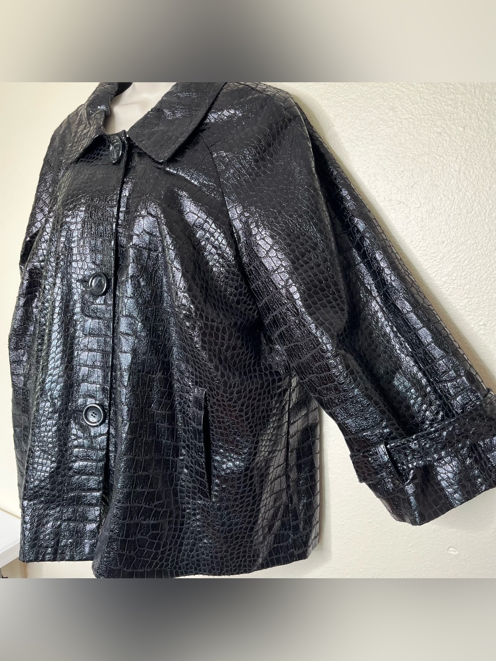 VTG Y2K Birch Hill Black Croc Embossed Faux Patent Leather Swing Jacket Women 1X - Picture 6 of 15